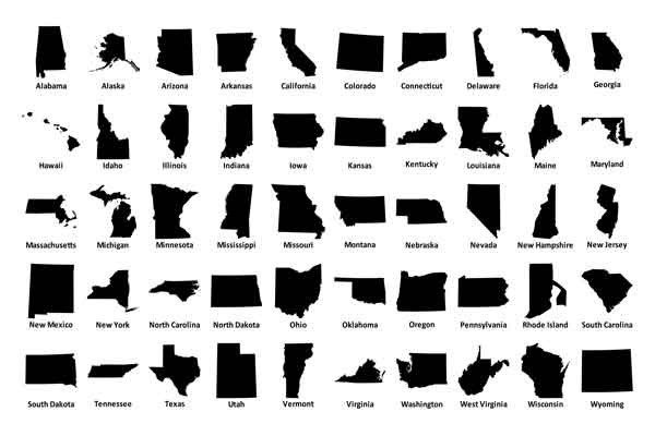 Black silhouettes of U.S. state maps arranged in a grid.