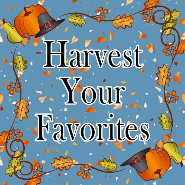 Text 'Harvest Your Favorites' surrounded by autumn-themed decorations on a blue background