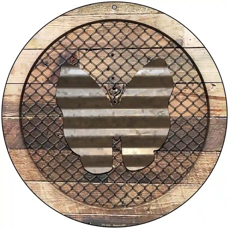Corrugate Butterfly on Wood Novelty Metal Circular Sign 8" (UC)