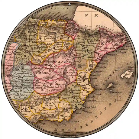 Spain Map Novelty Metal Circle Sign 8" (UC)
