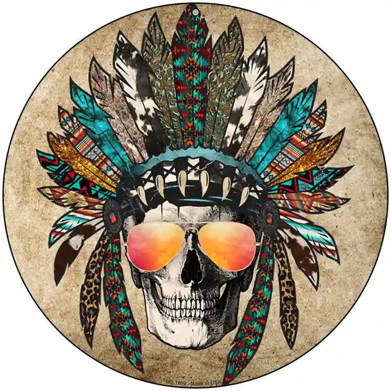 Headress Skull With Aviators Novelty Metal Circle Sign 8" (UC)