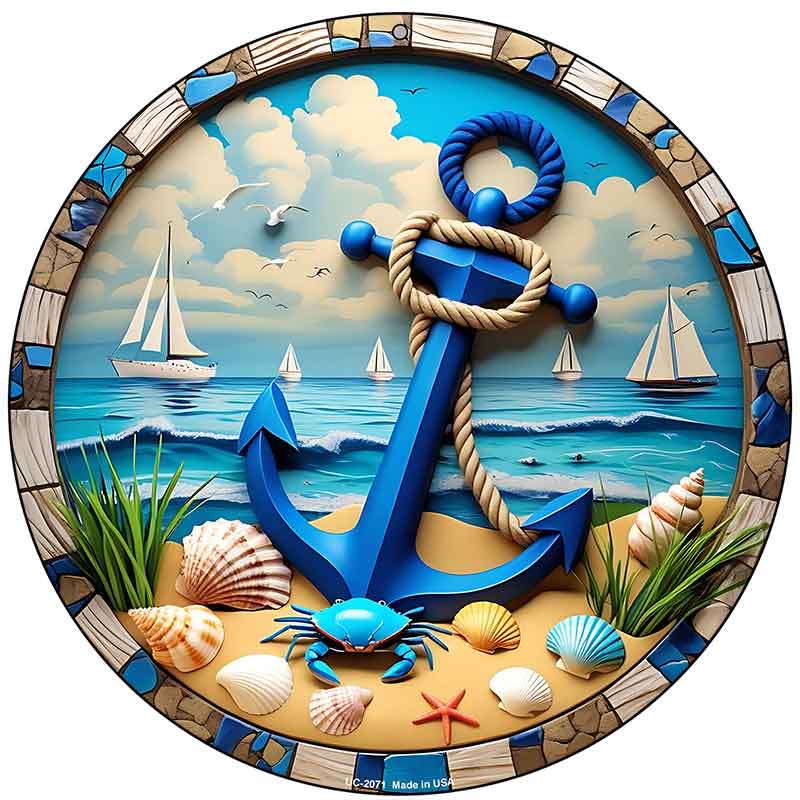 Blue Anchor and Crab Novelty Metal Circular Sign C-2071