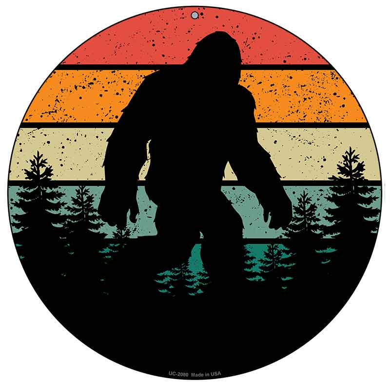 Bigfoot Silhouette Sunset Novelty Metal Circular Sign C-2080