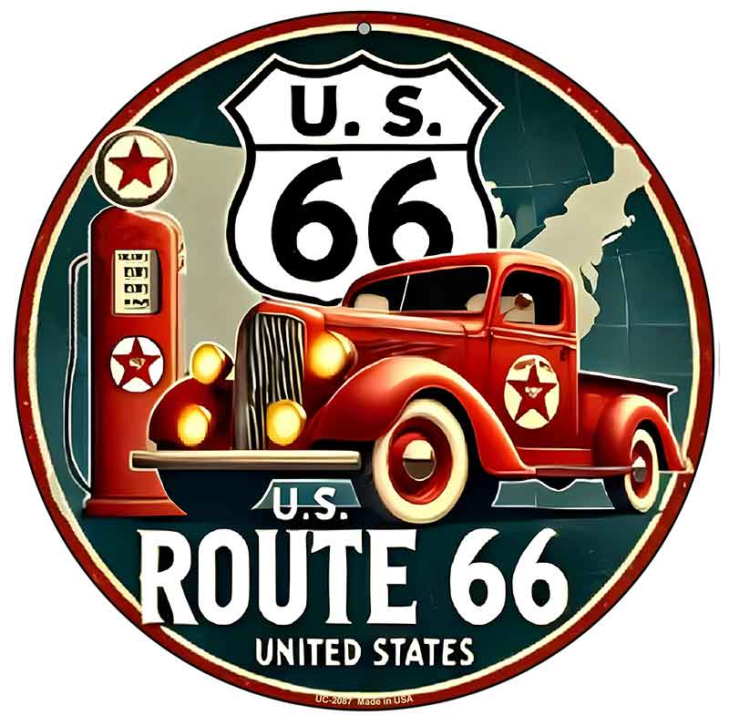 Red Truck on Route 66 Novelty Metal Circular Sign C-2087