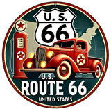 Red Truck on Route 66 Novelty Metal Circular Sign C-2087