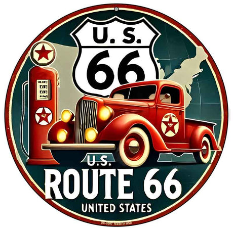 Red Truck on Route 66 Novelty Metal Circular Sign C-2087