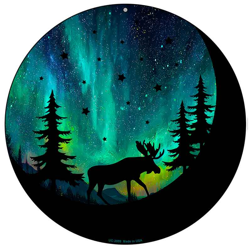 Moose Under the Northern Lights Novelty Metal Circular Sign C-2099