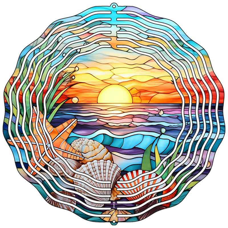 Ocean Sunset Stained Glass Novelty Metal Wind Spinner