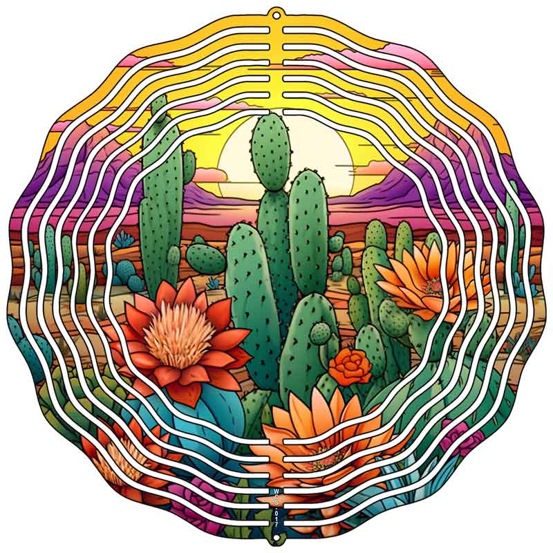 Desert Sunset with Cactus and Flowers Novelty Metal Wind Spinner