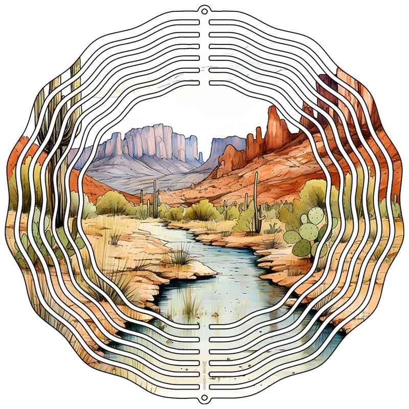 Desert Sunset Stream and Mountains Novelty Metal Wind Spinner 10" Spinner (WCS)