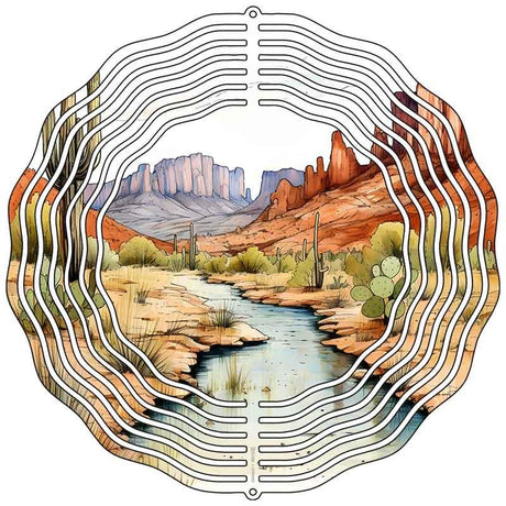 Desert Sunset Stream and Mountains Novelty Metal Wind Spinner 10" Spinner (WCS)