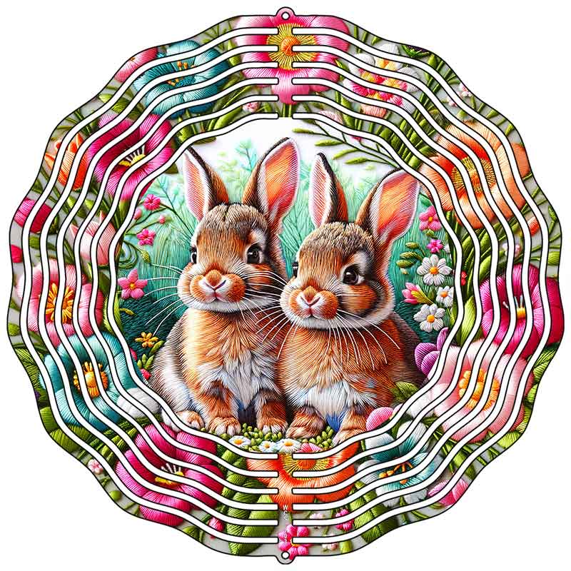 Bunnies in a Ring of Flowers Novelty Metal Wind Spinner