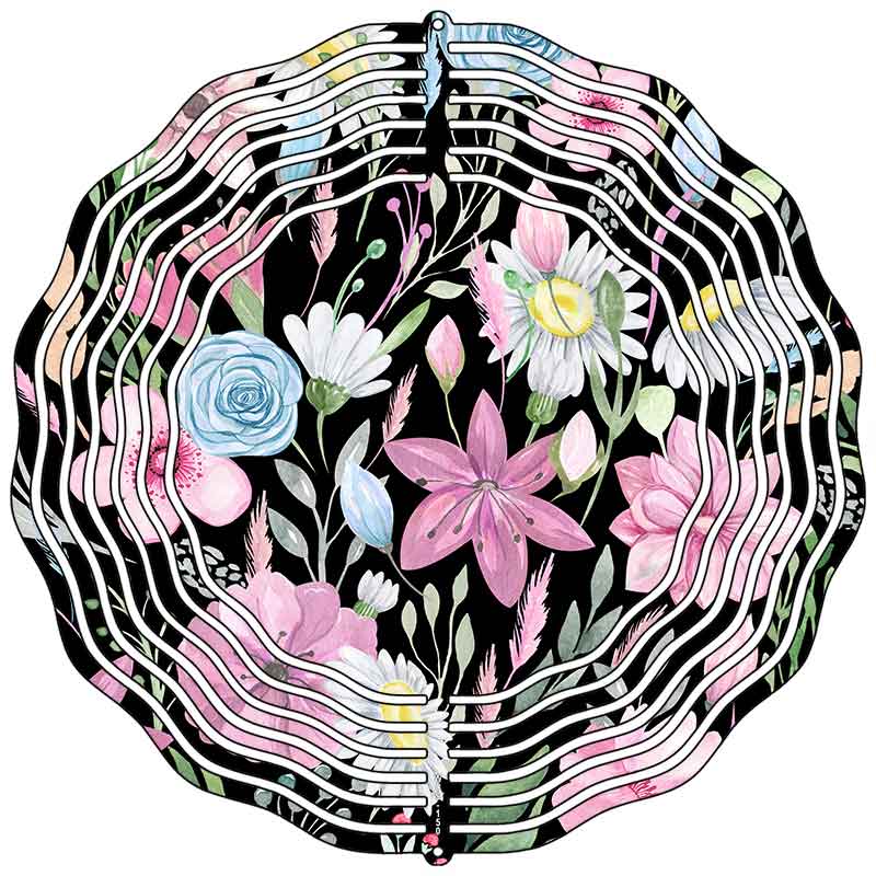 Flowers on Black Novelty Metal Wind Spinner