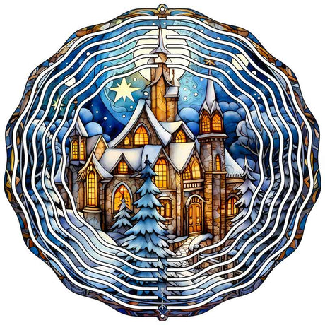 Lit Up Winter House in Snow Novelty Metal Wind Spinner