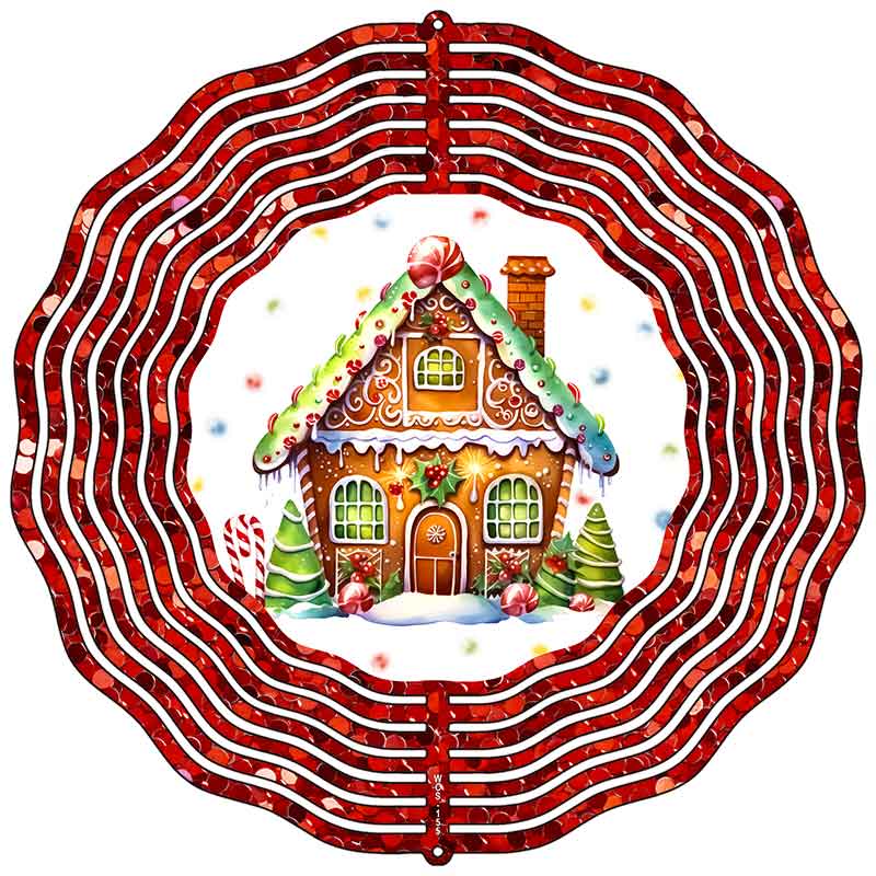 Gingerbread House in Red Glitter Wreath Novelty Metal Wind Spinner