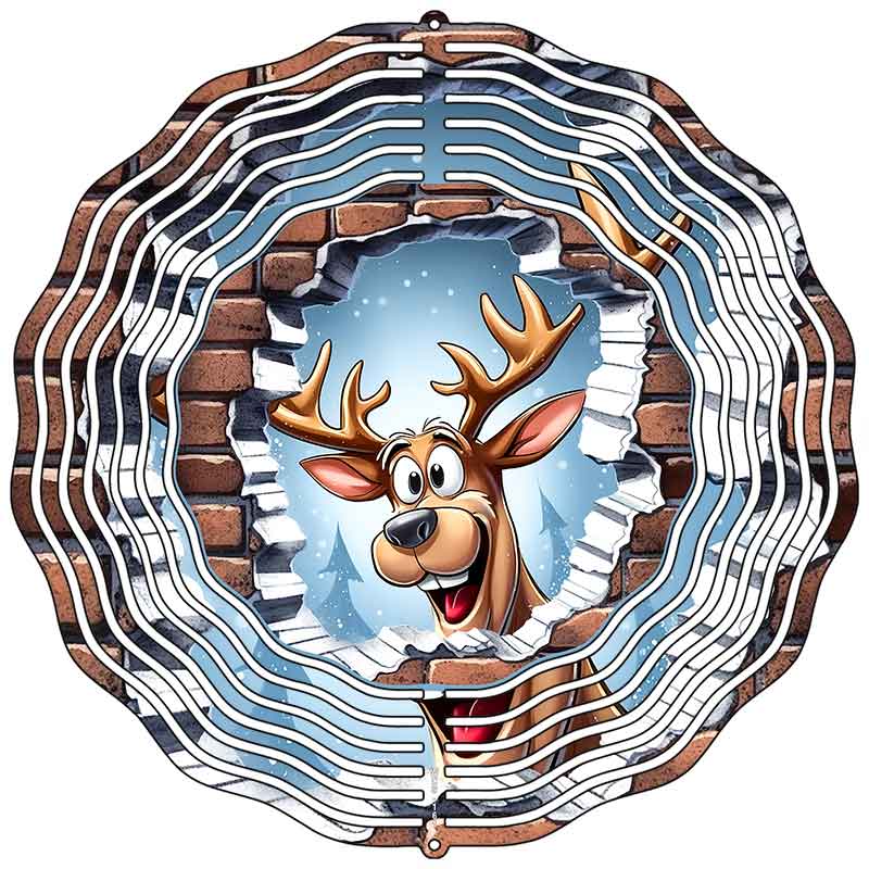 Reindeer Snowie Brick Wall Novelty Metal Wind Spinner