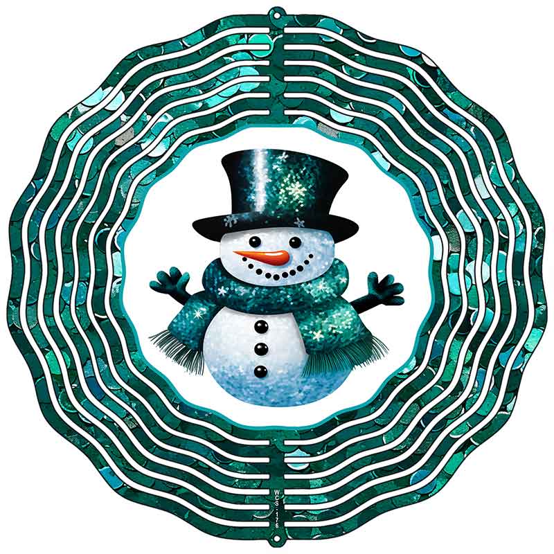 Snowman with Green Glitter Novelty Metal Wind Spinner