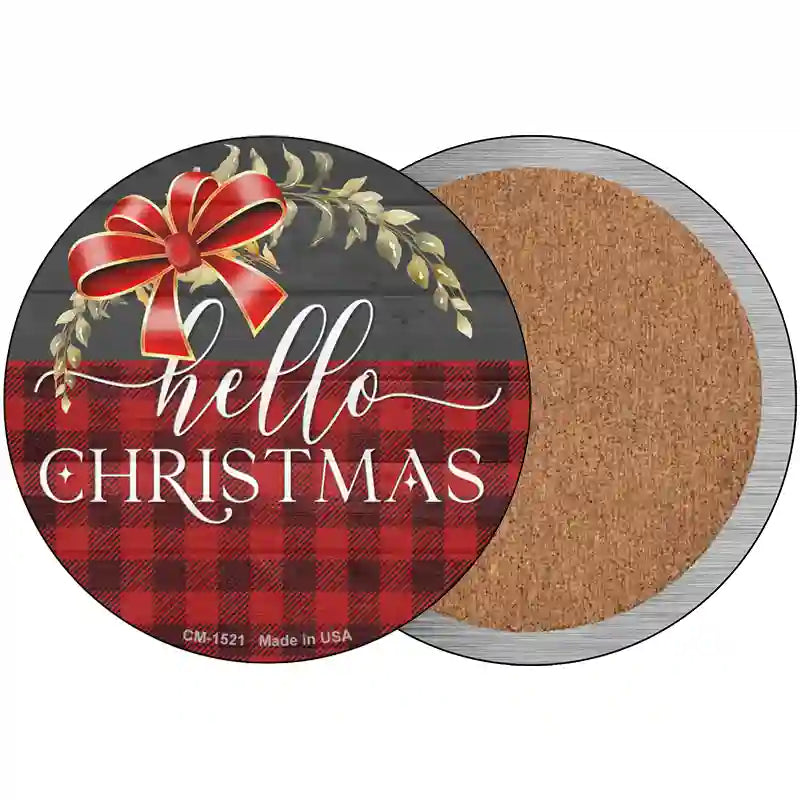 Hello Christmas Plaid Novelty Circle Coaster Set of 4