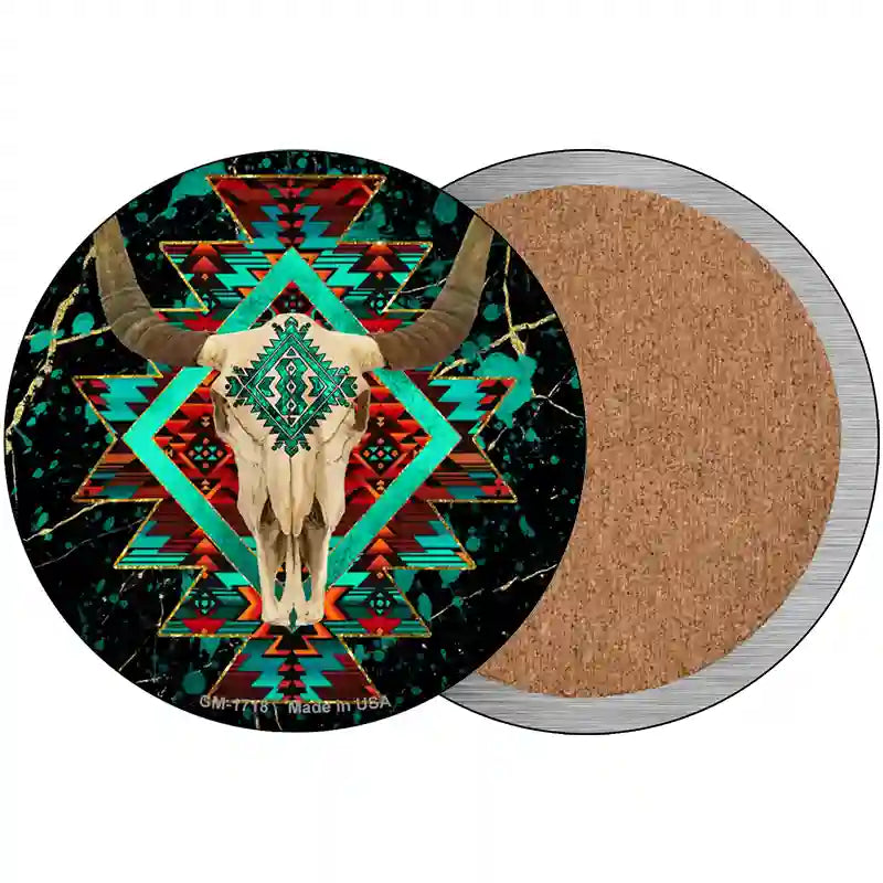 Cow Skull Dark Aztec Novelty Circle Coaster Set of 4