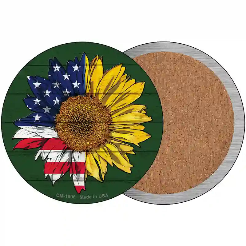 Sunflower Half American Flag Novelty Circle Coaster Set of 4