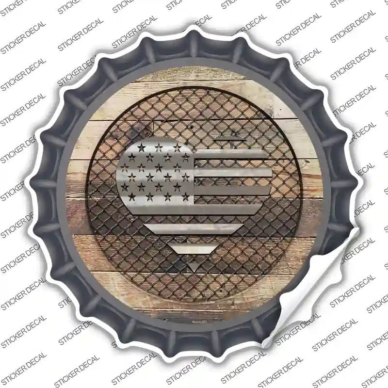 American Flag Heart on Wood Novelty Bottle Cap Sticker Decal