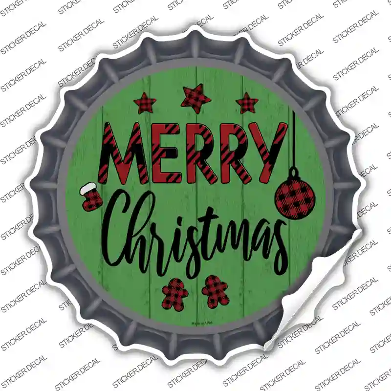 Merry Christmas Plaid Green Novelty Bottle Cap Sticker Decal