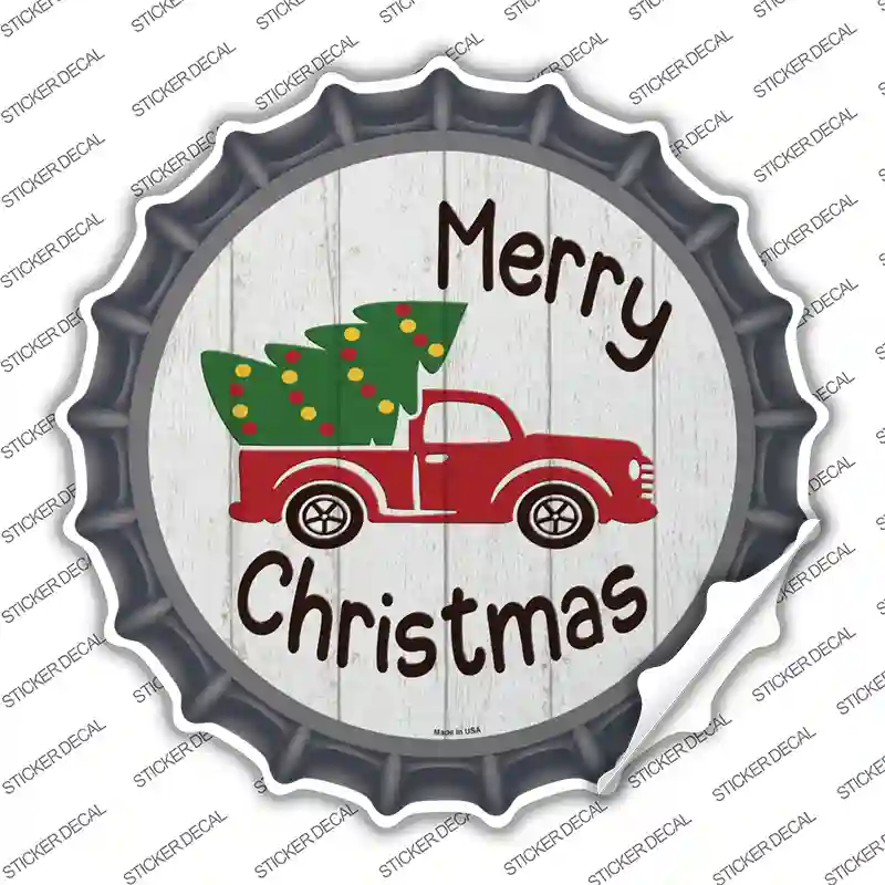 Merry Christmas Tree Truck Novelty Bottle Cap Sticker Decal