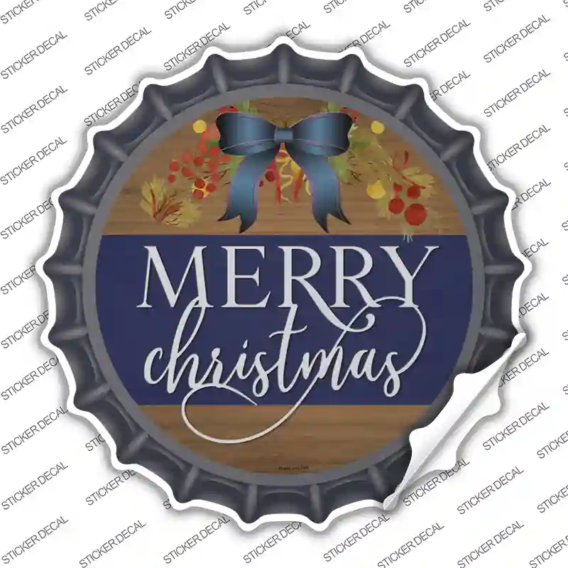 Merry Christmas Blue Bow Novelty Bottle Cap Sticker Decal
