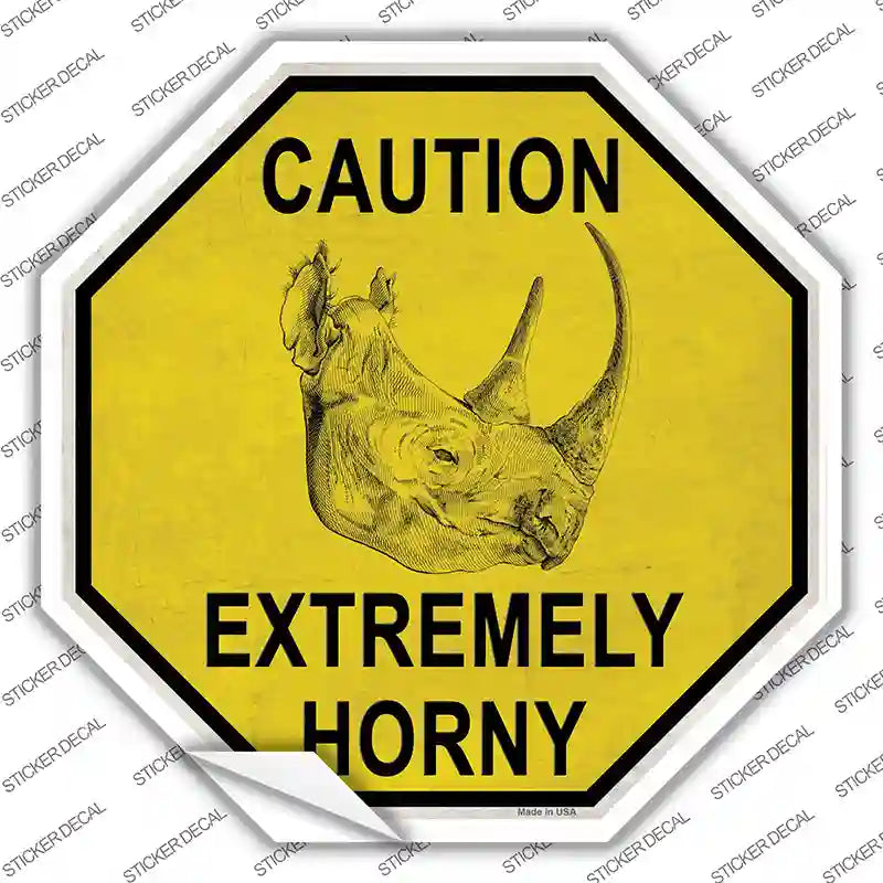 Caution Extremely Horny Rhino Novelty Octagon Sticker Decal