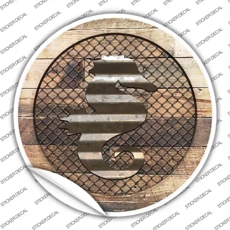 Seahorse on Wood Novelty Circle Sticker Decal