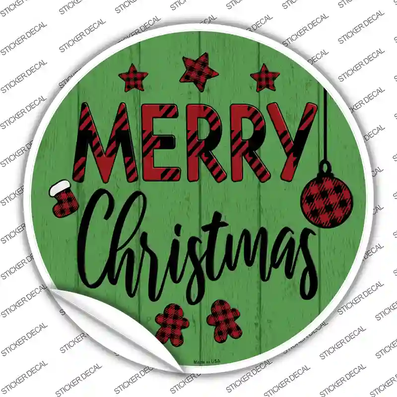 Merry Christmas Plaid Green Novelty Circle Sticker Decal