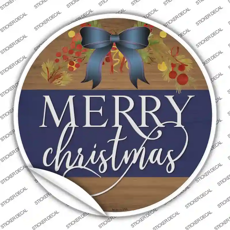 Merry Christmas Blue Bow Novelty Circle Sticker Decal