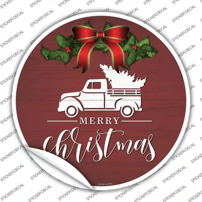Merry Christmas Truck Red Novelty Circle Sticker Decal