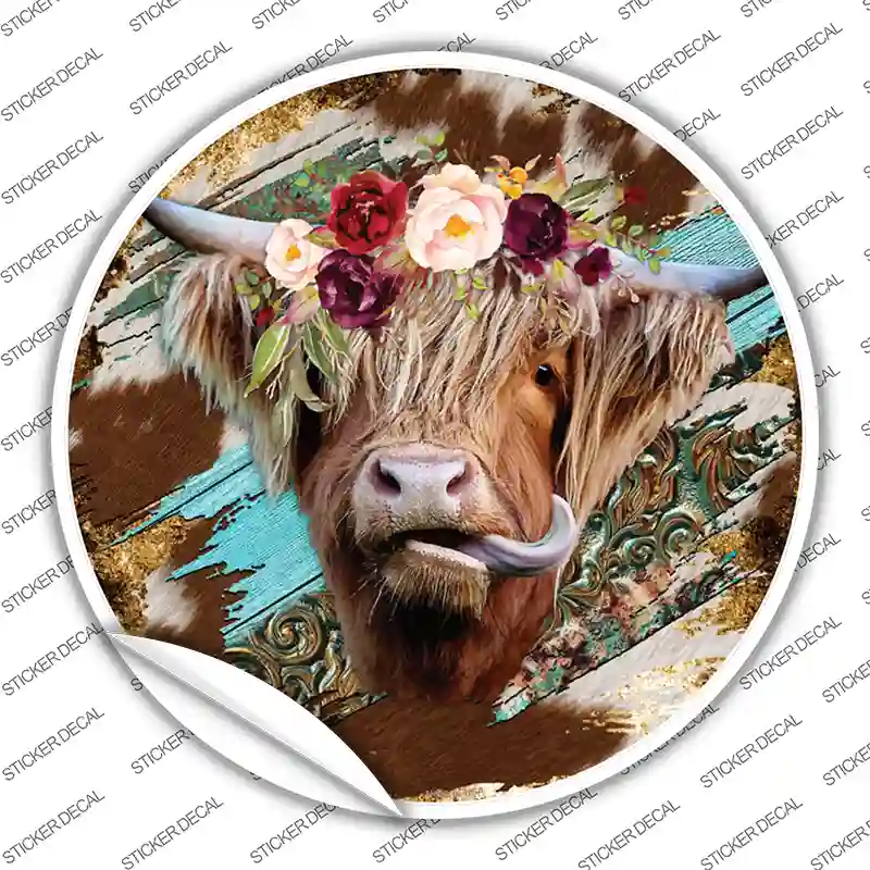 Highland Cattle On Mixed Print Novelty Circle Sticker Decal