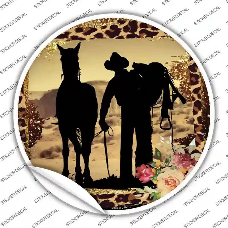 Cowboy With Horse Silhouette Novelty Circle Sticker Decal