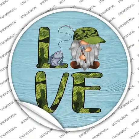 Camo Love Fishing Gnome Novelty Circle Sticker Decal