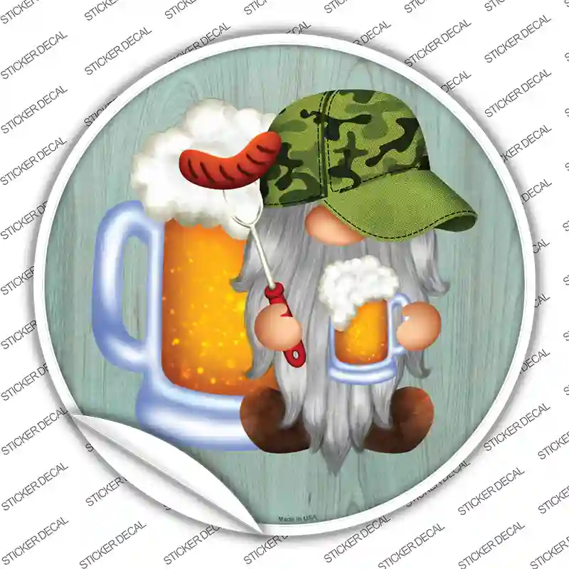 Beer Camo Grilling Gnome Novelty Circle Sticker Decal