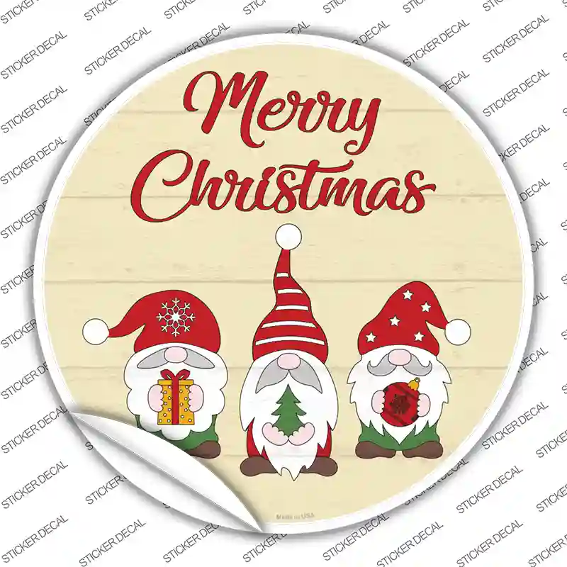 Merry Christmas Gnomes Tan Novelty Circle Sticker Decal