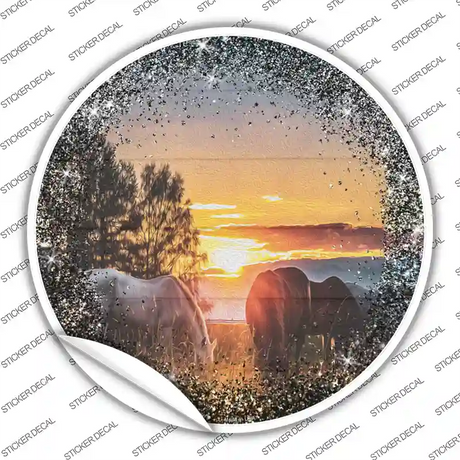 Horses Eating in Sunset Novelty Circle Sticker Decal
