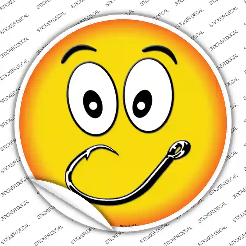 Smiling Face Fishing Hook Novelty Circle Sticker Decal