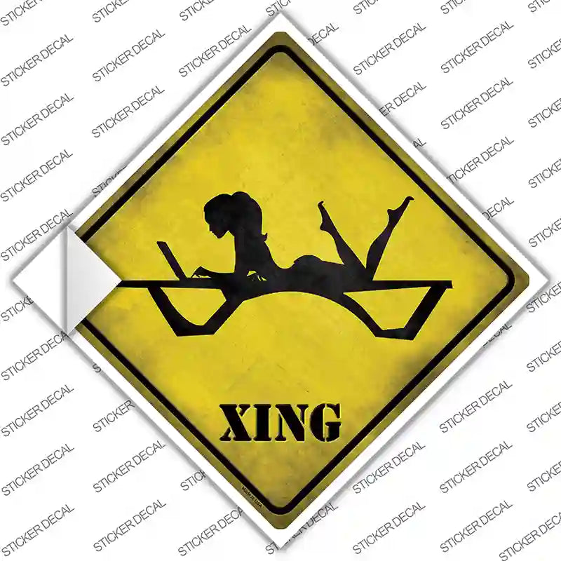 Lady On Laptop In Pool Lounge Xing Novelty Diamond Sticker Decal