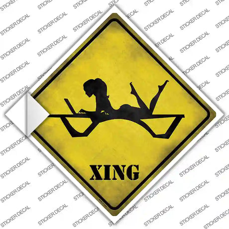 Lady On Laptop In Pool Lounge Xing Novelty Diamond Sticker Decal