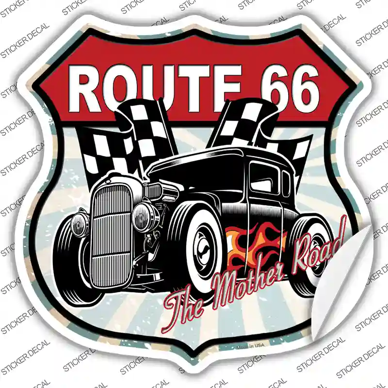 Black Hot Rod Flame Route 66 Novelty Highway Shield Sticker Decal