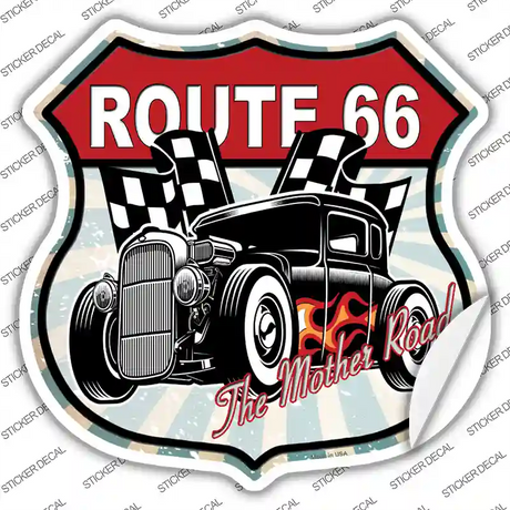 Black Hot Rod Flame Route 66 Novelty Highway Shield Sticker Decal