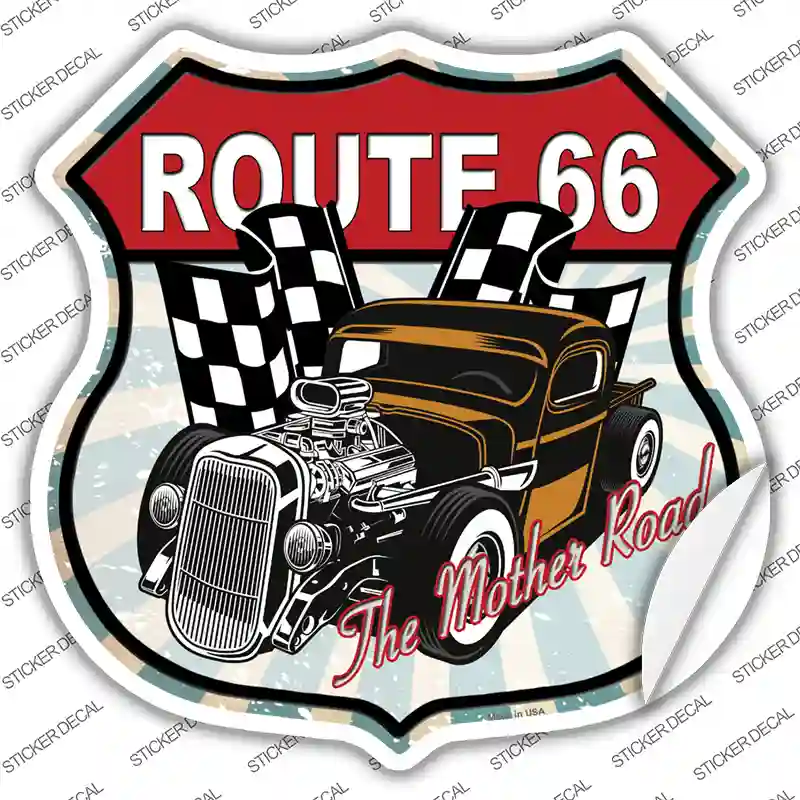 Brown Hot Rod Route 66 Novelty Highway Shield Sticker Decal