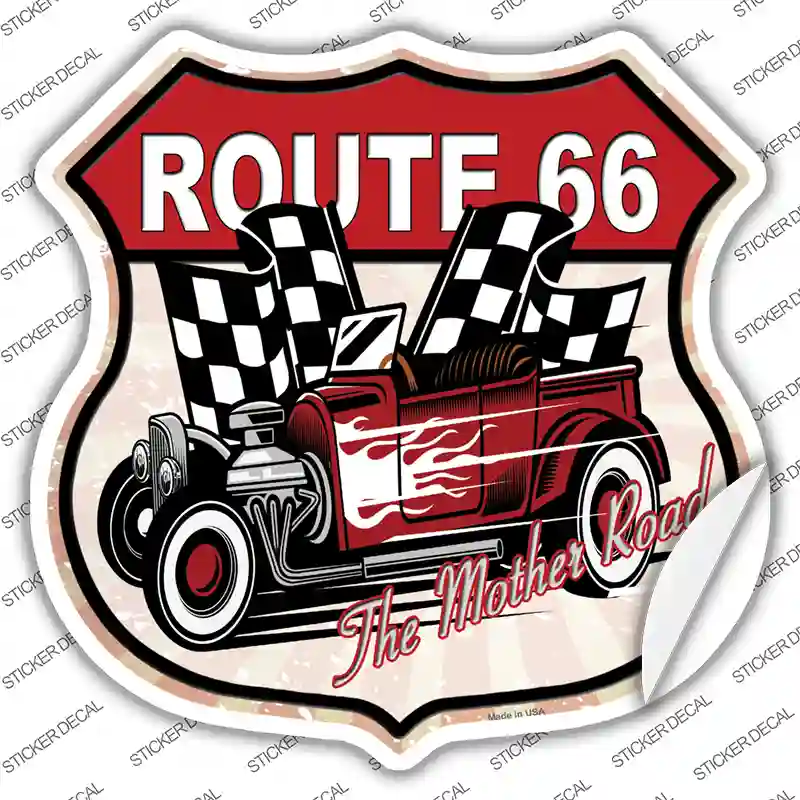 Red Hot Rod White Flame Route 66 Novelty Highway Shield Sticker Decal