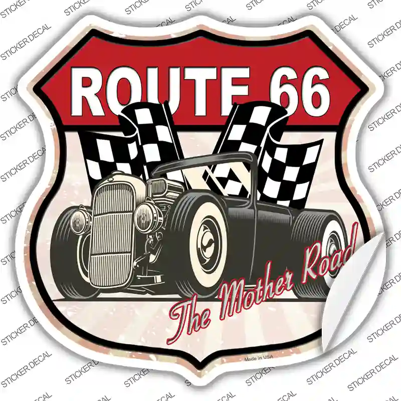 Grey Hot Rod Route 66 Novelty Highway Shield Sticker Decal
