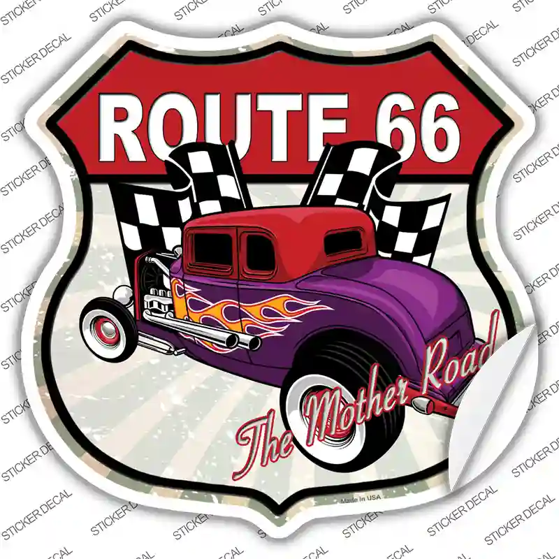 Purple Hot Rod Flame Route 66 Novelty Highway Shield Sticker Decal