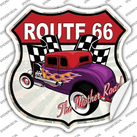 Purple Hot Rod Flame Route 66 Novelty Highway Shield Sticker Decal