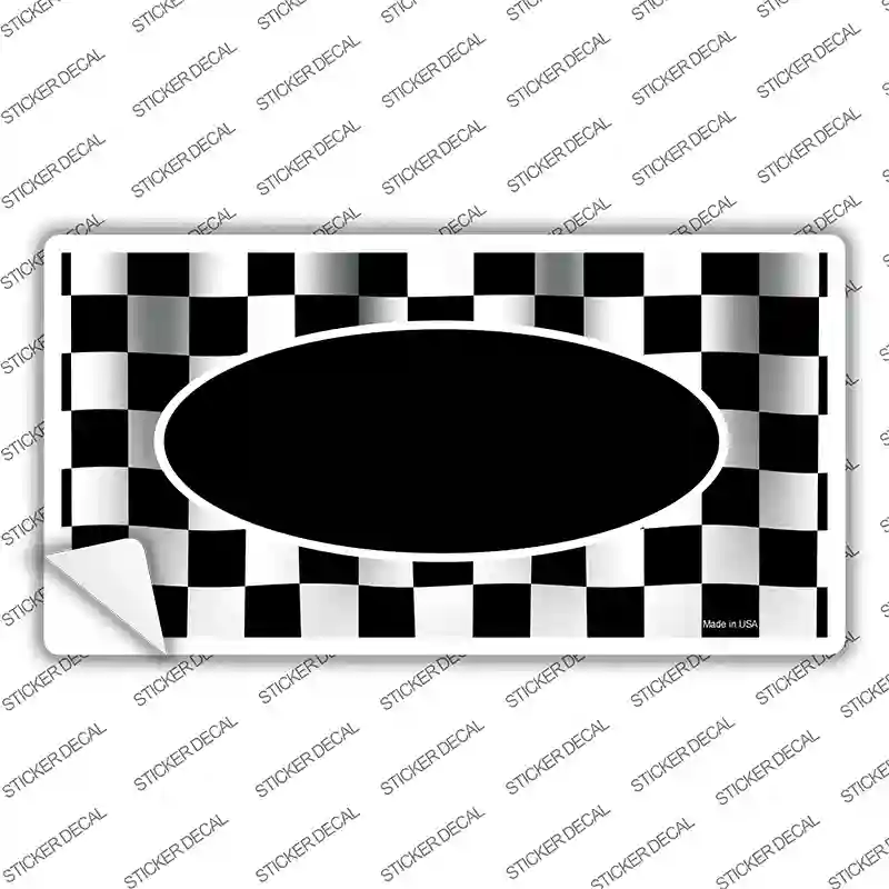 Waving Checkered Flag With Black Center Oval Novelty Sticker Decal